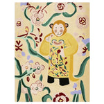 Vibrant hand-tufted wool area rug featuring a playful monkey surrounded by abstract floral patterns, perfect for a contemporary living room.