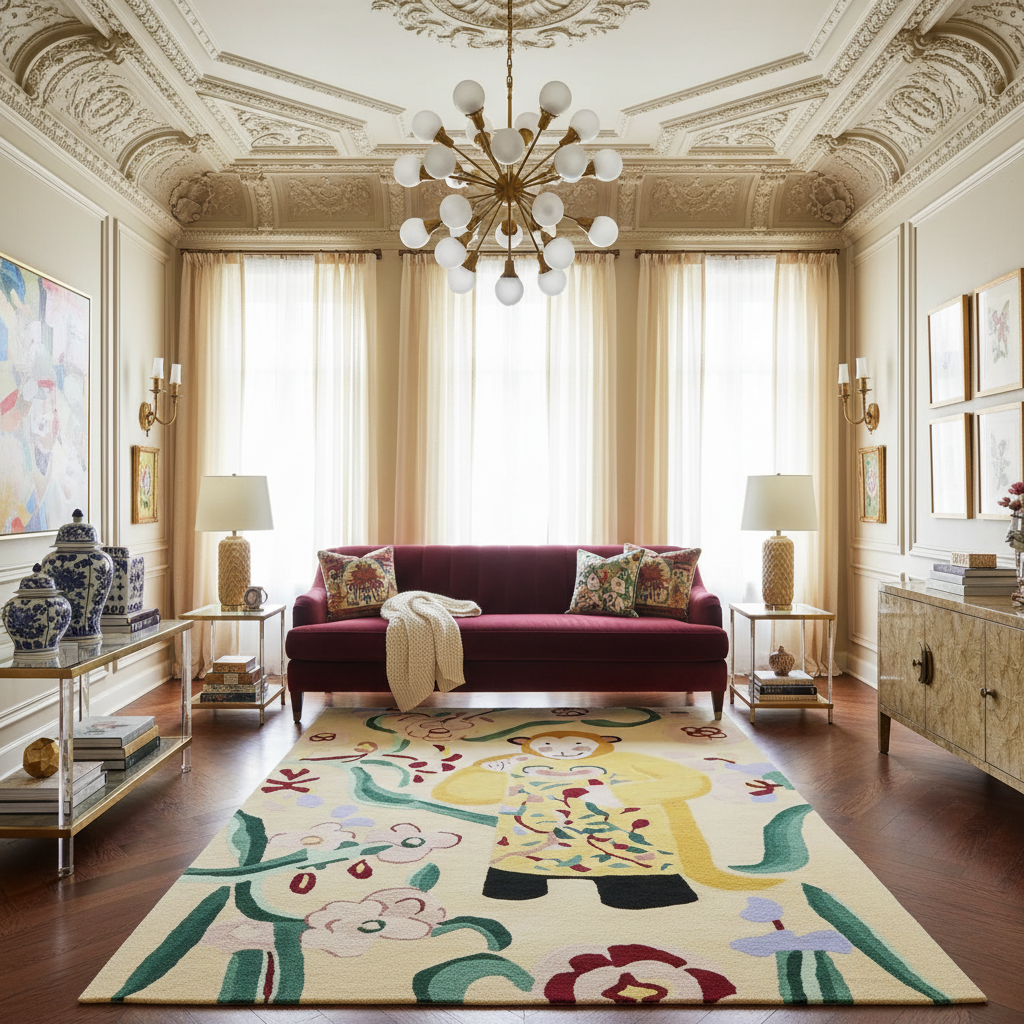 Luxurious living room with a purple sofa, decorative rug, and ornate ceiling.