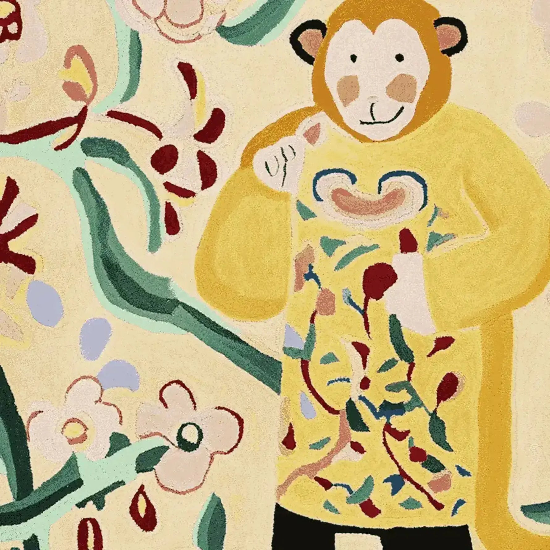 This vibrant area rug features a charming hand-tufted design with a playful monkey and floral motifs. It's a contemporary rug crafted from high-quality wool, perfect for adding a touch of whimsy to your living room area rugs collection.