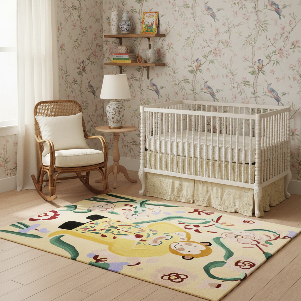 Nursery room with a crib, rocking chair, and decorative rug.