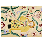 A vibrant Area Rug featuring a playful monkey design. This contemporary wool rug showcases a cheerful monkey surrounded by colorful floral and vine patterns, perfect for adding a touch of whimsy to living room area rugs.