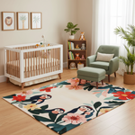 Nursery room with a crib, armchair, and rug featuring penguins and flowers.