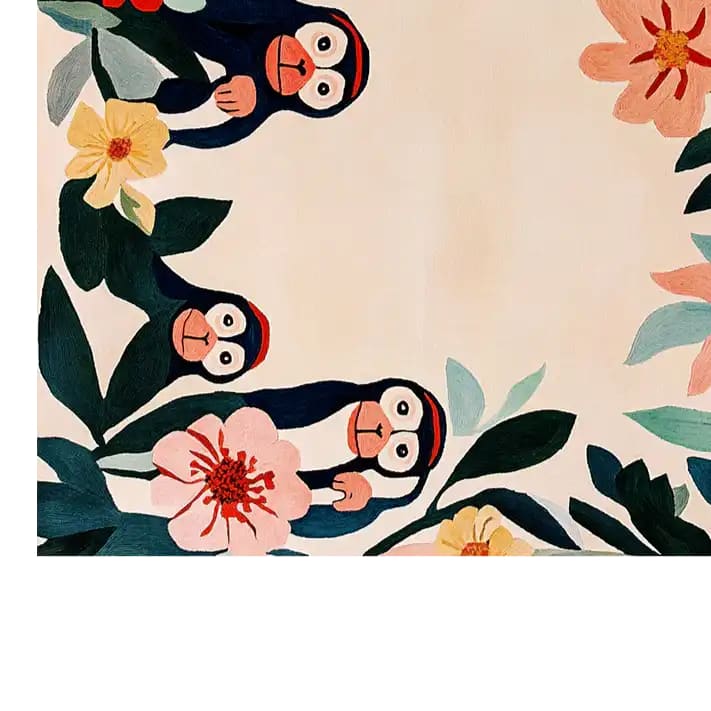 Colorful hand tufted wool rug featuring playful monkeys surrounded by vibrant flowers and leaves, ideal as an area rug for the living room.