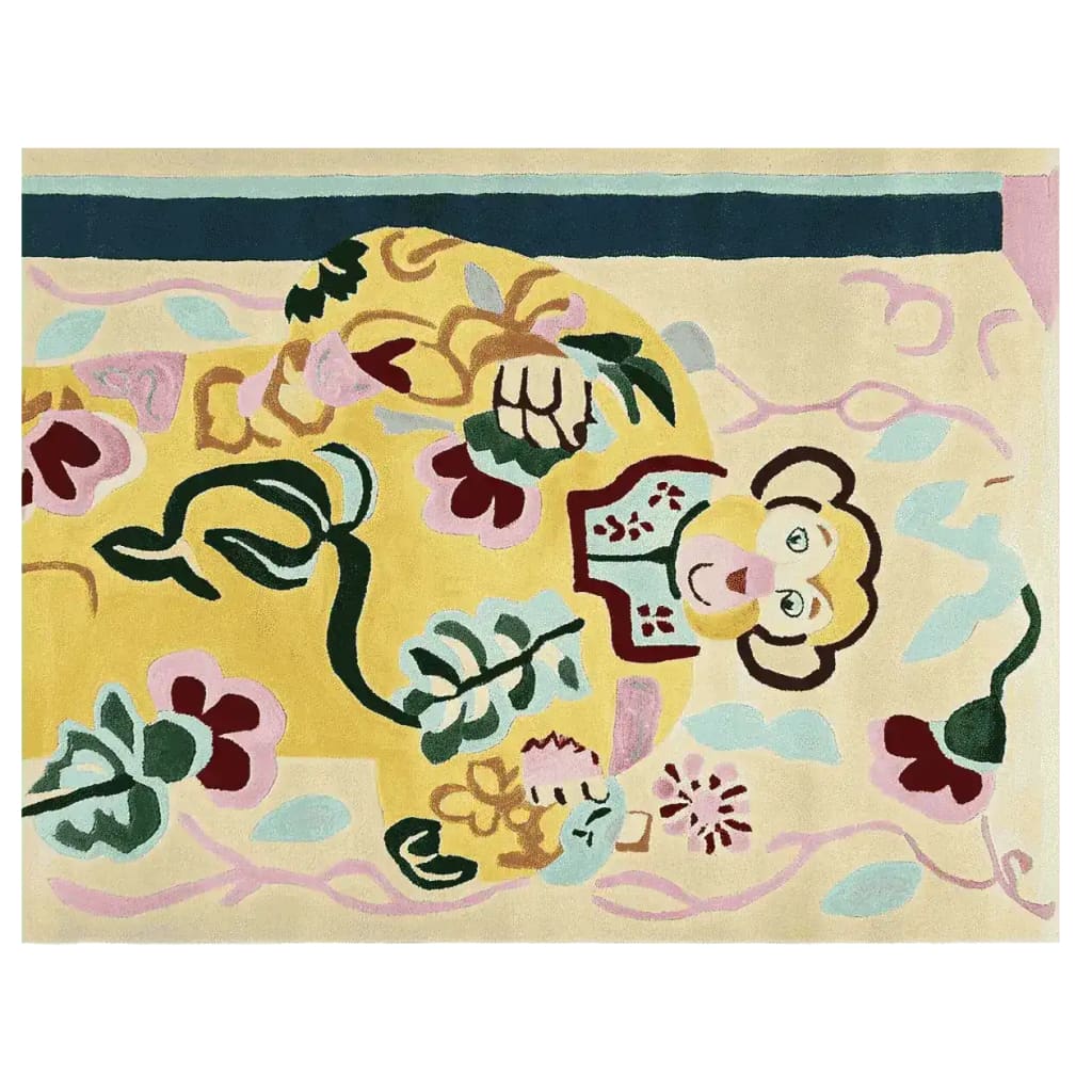 Vibrant Monkey Magic Hand Tufted Area Rug featuring a playful abstract monkey design. This contemporary wool rug, perfect for living room area rugs, showcases a blend of bold colors including yellow, pink, and green, adding a lively touch to any space.