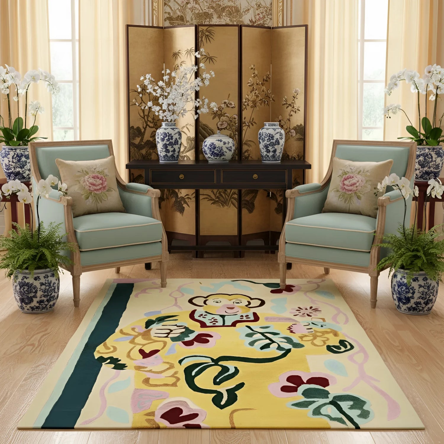 Living room with floral rug, chairs, and decorative vases.