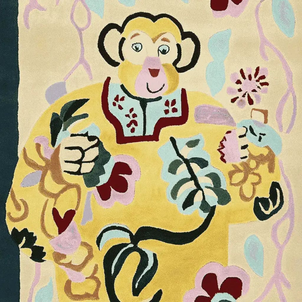 A vibrant and whimsical area rug featuring a playful monkey design in a variety of pastel colors. This contemporary wool rug, perfect for living rooms, measures 8x10 and adds a touch of fun and creativity to any space.