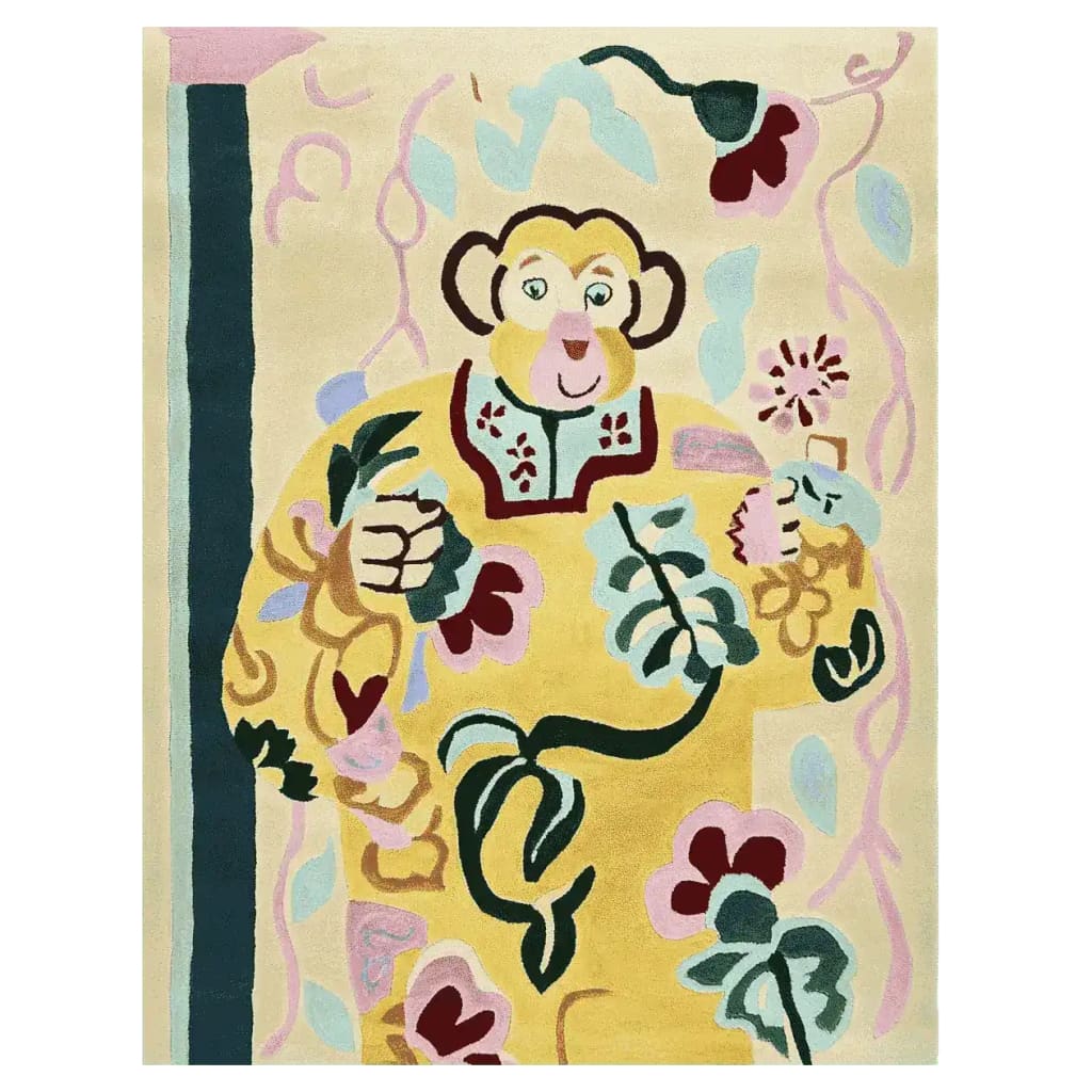 Vibrant hand-tufted area rug featuring a playful monkey design with colorful abstract patterns. This contemporary wool rug is perfect for adding a whimsical touch to living room area rugs, enhancing the decor with its unique style.