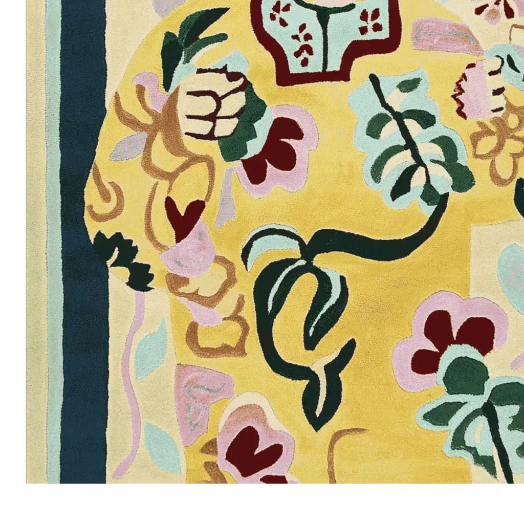 This vibrant area rug showcases a contemporary design with abstract floral patterns in bold colors on a rich yellow background. Crafted from premium wool, this hand-tufted rug adds a modern touch to any living room, perfectly sized at 8x10 for versatile placement.