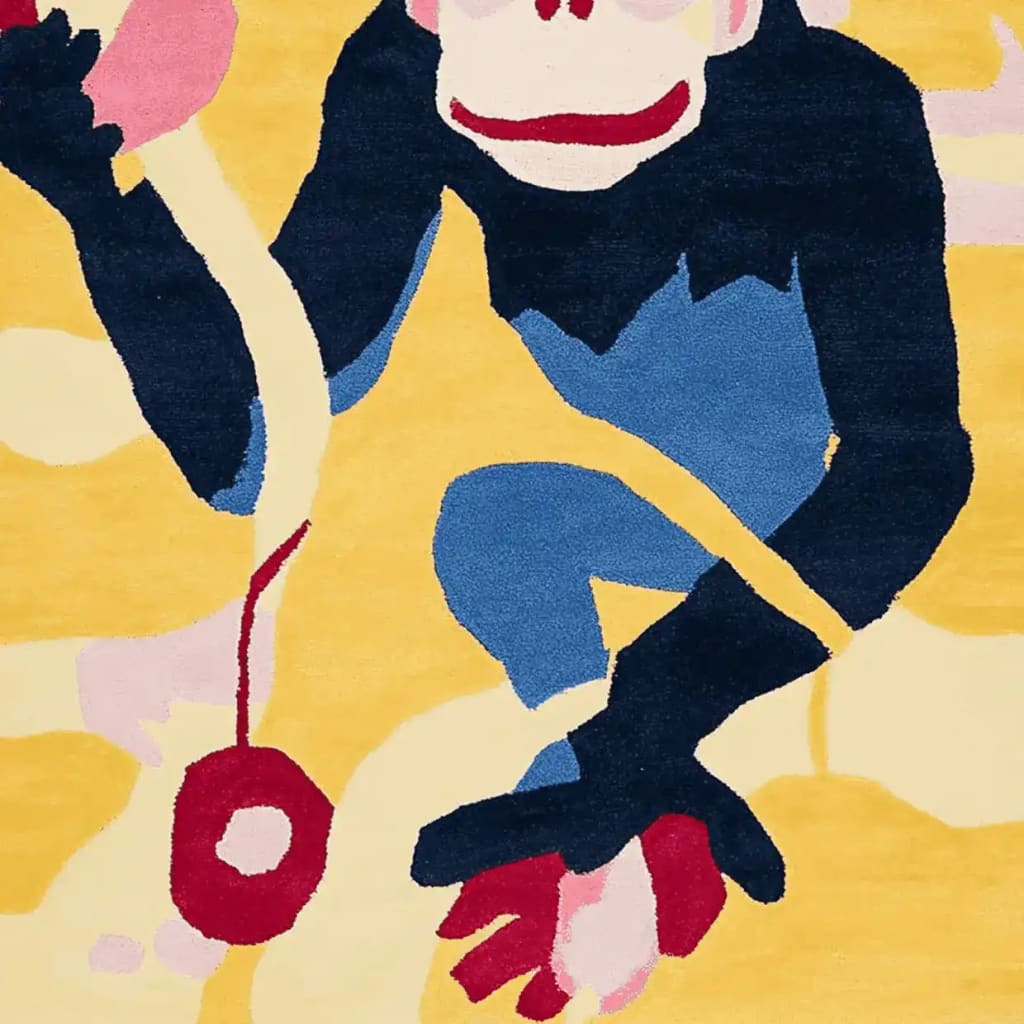 A vibrant and playful hand-tufted area rug featuring a whimsical monkey design. This contemporary wool rug showcases a bold color palette of yellow, blue, and red, perfect for adding a touch of fun to your living room. Ideal for spaces needing an 8x10 size area rug.