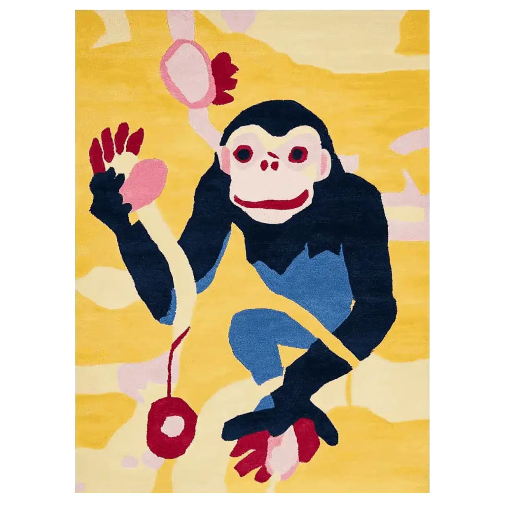 A vibrant Monkey Mood Hand Tufted Area Rug featuring a playful monkey design in bold colors, perfect for contemporary living rooms. This wool rug is an ideal choice for those seeking 8x10 area rugs for living room spaces, combining modern style with comfort.