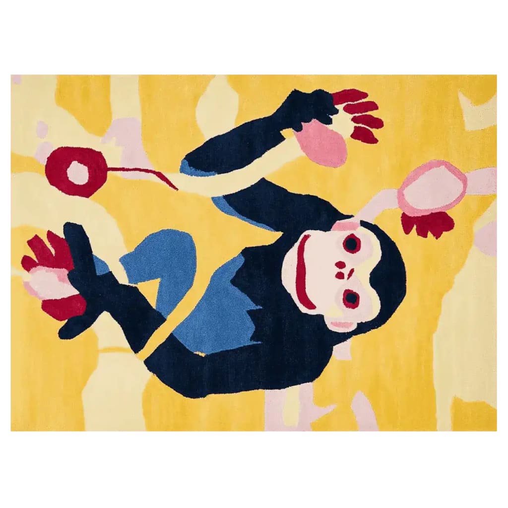 A vibrant Monkey Mood Hand Tufted Area Rug featuring a playful monkey design in bold colors on a yellow background. This contemporary wool rug, perfect for adding a fun touch to any space, is ideal for living room rugs 8x10. Elevate your decor with this unique area rug, perfect for modern living rooms.