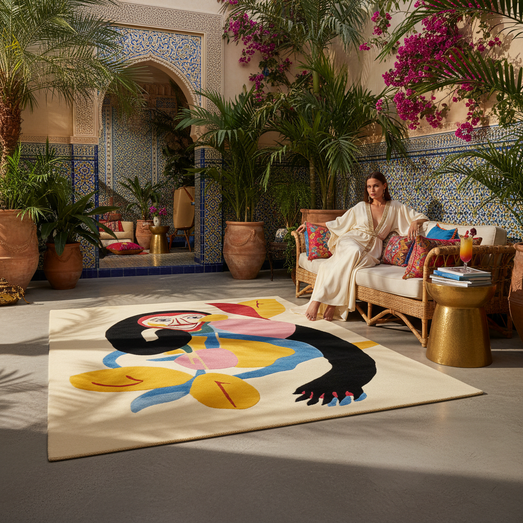 Woman sitting on a couch in a decorative room with a colorful rug featuring a face design.