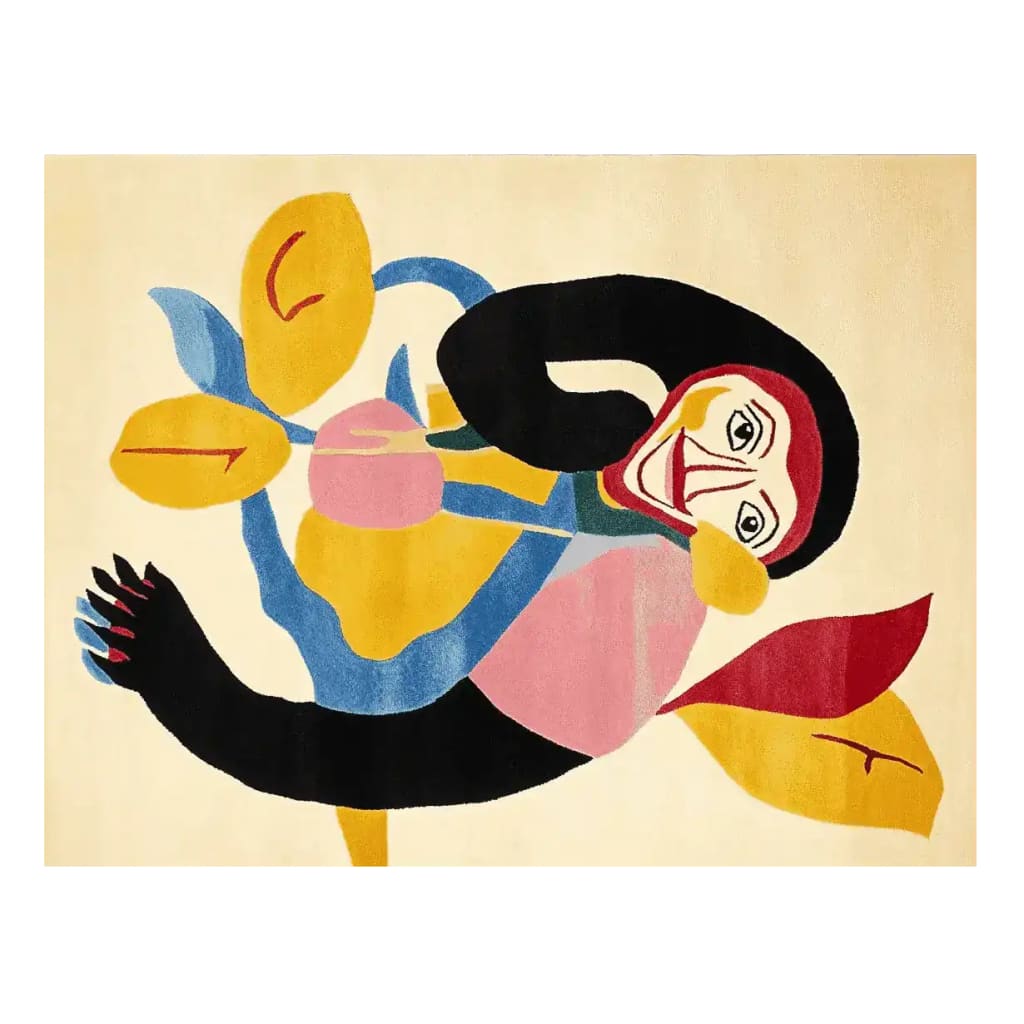 A vibrant Monkey Spirit Hand Tufted Area Rug showcasing an abstract design with bold colors and a playful monkey motif. Perfect for adding a contemporary touch to living room decor, this wool rug combines artistry and comfort, making it an ideal choice for area rugs for living rooms.