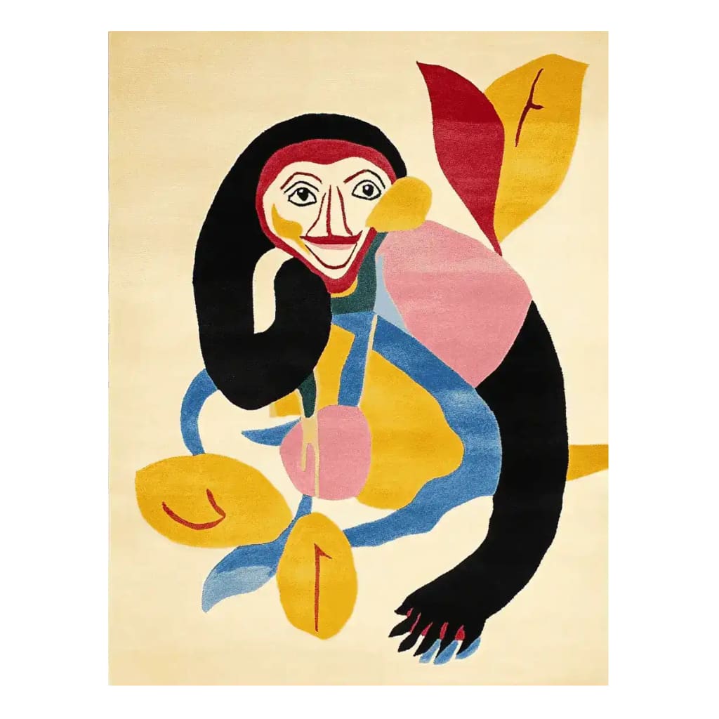 Vibrant Monkey Spirit Hand Tufted Area Rug featuring an abstract design with bold colors, perfect for adding a contemporary flair to any living room. This wool rug showcases a playful monkey motif with artistic shapes in yellow, blue, pink, and black, making it an eye-catching centerpiece among living room area rugs.