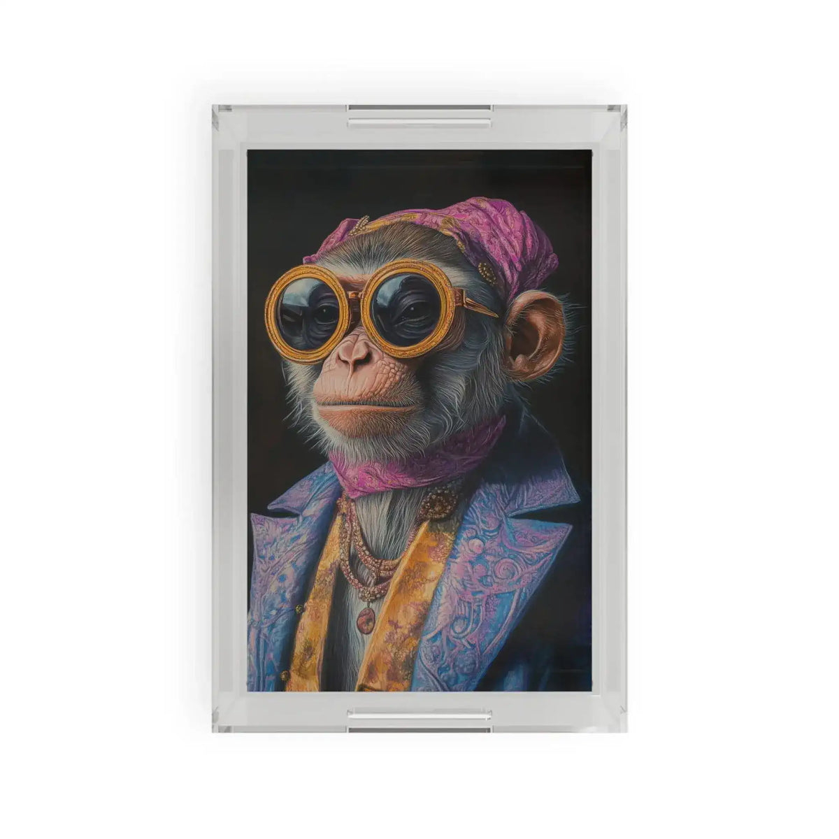 acrylic serving tray with stylish monkey wearing gold goggles pink headwrap paisley blazer and gold necklace on dark background