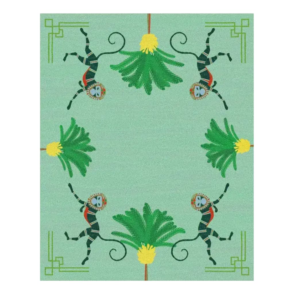 A vibrant hand-tufted area rug featuring playful monkeys and lush palm trees on a soothing green background. Perfect for adding a touch of whimsy to living room area rugs, this wool rug blends boho style with practicality. Ideal for both living rooms and offices, this unique design is sure to enhance your space.