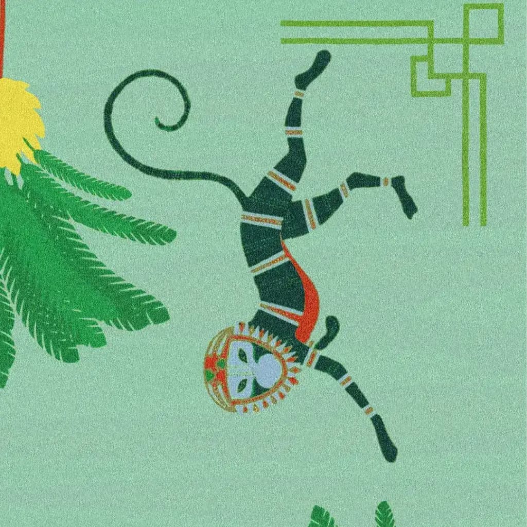 Close-up of a hand-tufted area rug featuring playful monkeys and lush palm tree designs, perfect for adding a boho touch to your living room or office. Made from high-quality wool, this rug brings an exotic flair and warmth, making it an ideal choice for living room area rugs and rugs for living room spaces.