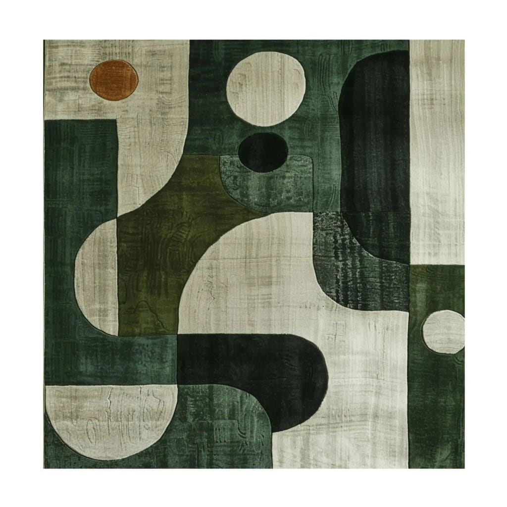 Contemporary square area rug in a monochrome chic design, featuring abstract geometric patterns in green and beige tones. This hand-tufted wool rug is ideal for adding a modern touch to bedrooms as a stylish bedroom rug.