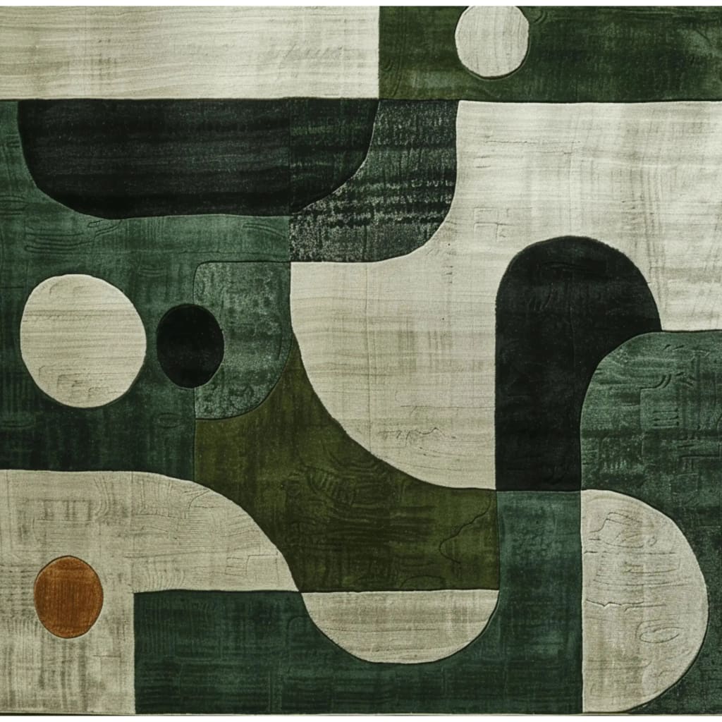 This contemporary square area rug features a unique abstract design with a blend of green, black, white, and brown tones, perfect for modern living room decor. The hand-tufted wool rug showcases a stylish geometric pattern, adding an artistic touch to any living space.