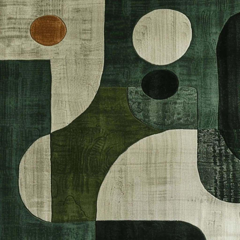 A contemporary wool rug showcasing an abstract geometric design in shades of green, beige, and black. This square area rug is perfect for adding a modern touch to living room spaces, offering a chic and stylish vibe.