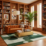 Cozy living room with a brown sofa, wooden coffee table, and bookshelves filled with books.