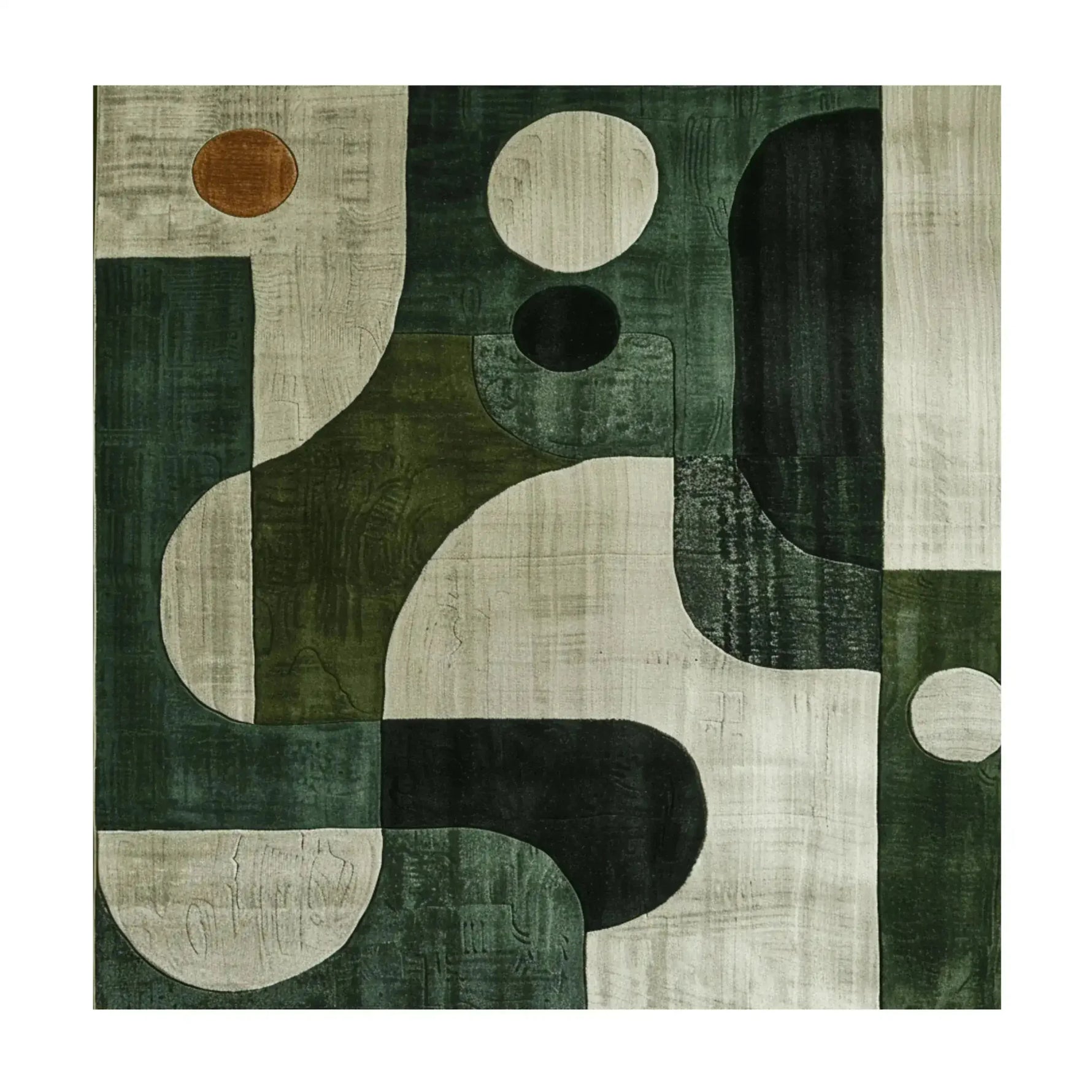 Contemporary square area rug in a monochrome chic design, featuring abstract geometric patterns in green and beige tones. This hand-tufted wool rug is ideal for adding a modern touch to bedrooms as a stylish bedroom rug.