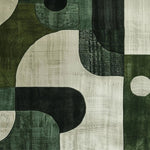 A close-up view of a contemporary square area rug with a chic monochrome design. This hand tufted wool rug features an abstract pattern with dark green, black, and cream tones, perfect for adding a modern touch to living room spaces. Ideal for those looking for stylish living room area rugs.