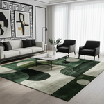Monochrome Chic Hand Tufted Rug in green, cream and black curved shapes in a bright living room