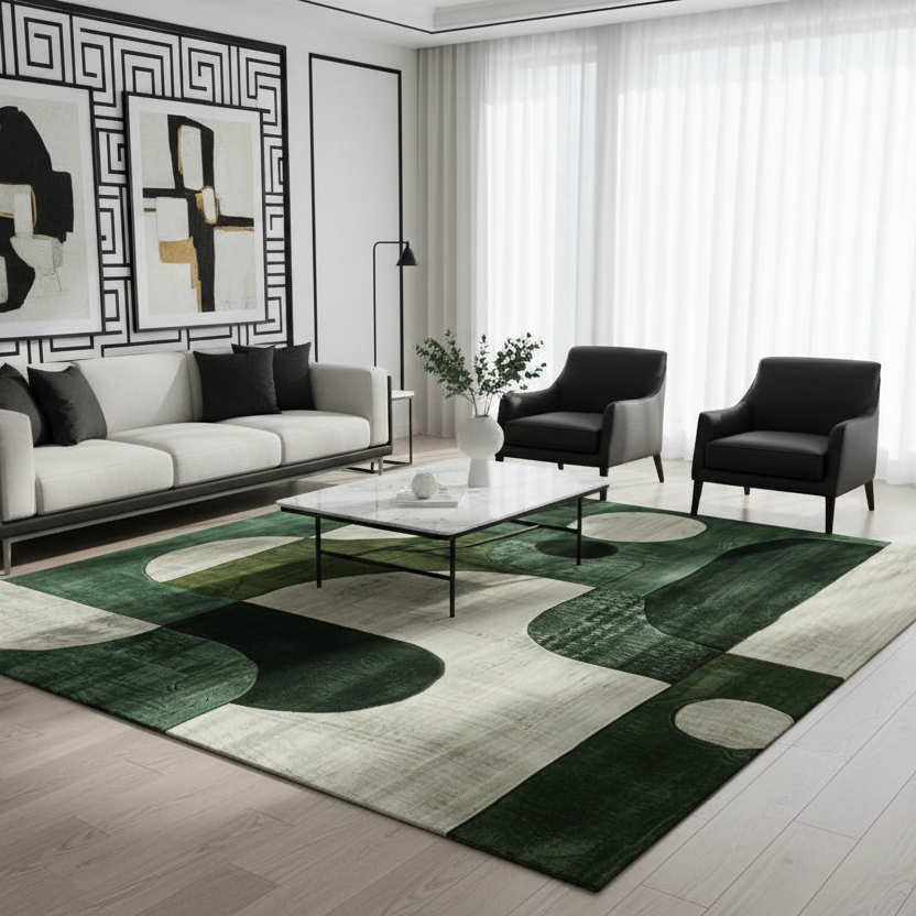 Monochrome Chic Hand Tufted Rug in green, cream and black curved shapes in a bright living room