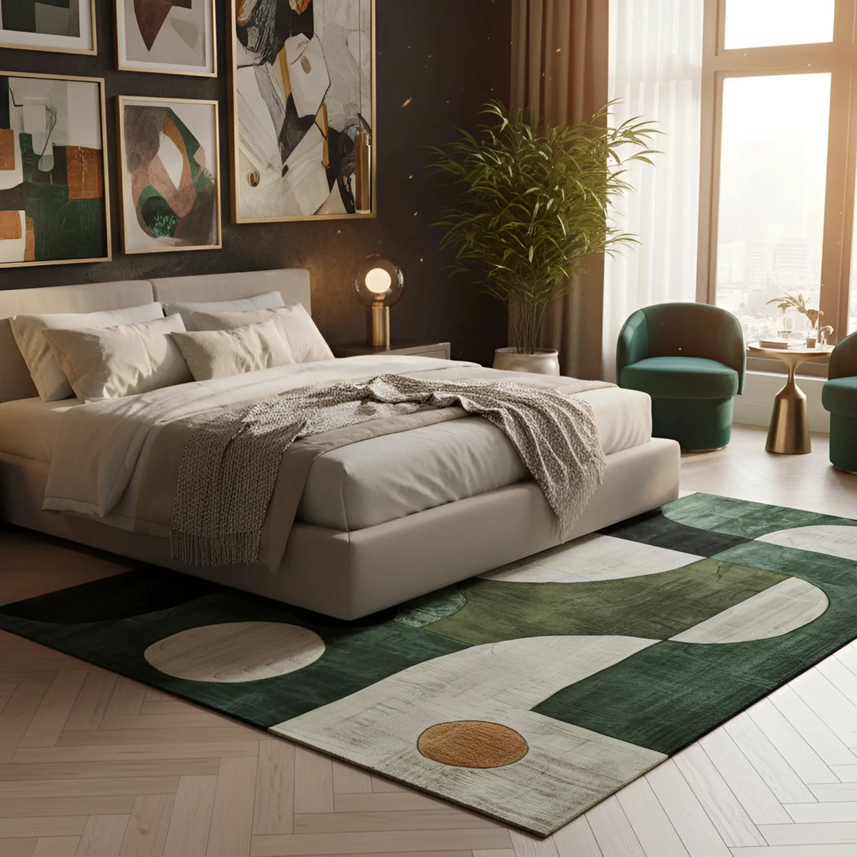 Monochrome Chic Hand Tufted Rug with green and cream arcs under a bed in a styled bedroom