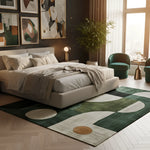 Monochrome Chic Hand Tufted Rug with green and cream arcs under a bed in a styled bedroom