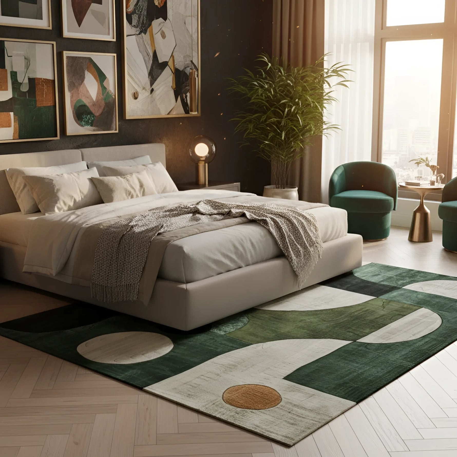 Monochrome Chic Hand Tufted Rug with green and cream arcs under a bed in a styled bedroom