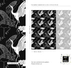 Monochrome crane wallpaper pattern detail and repeat layout with white line-drawn cranes on black and sizing guide