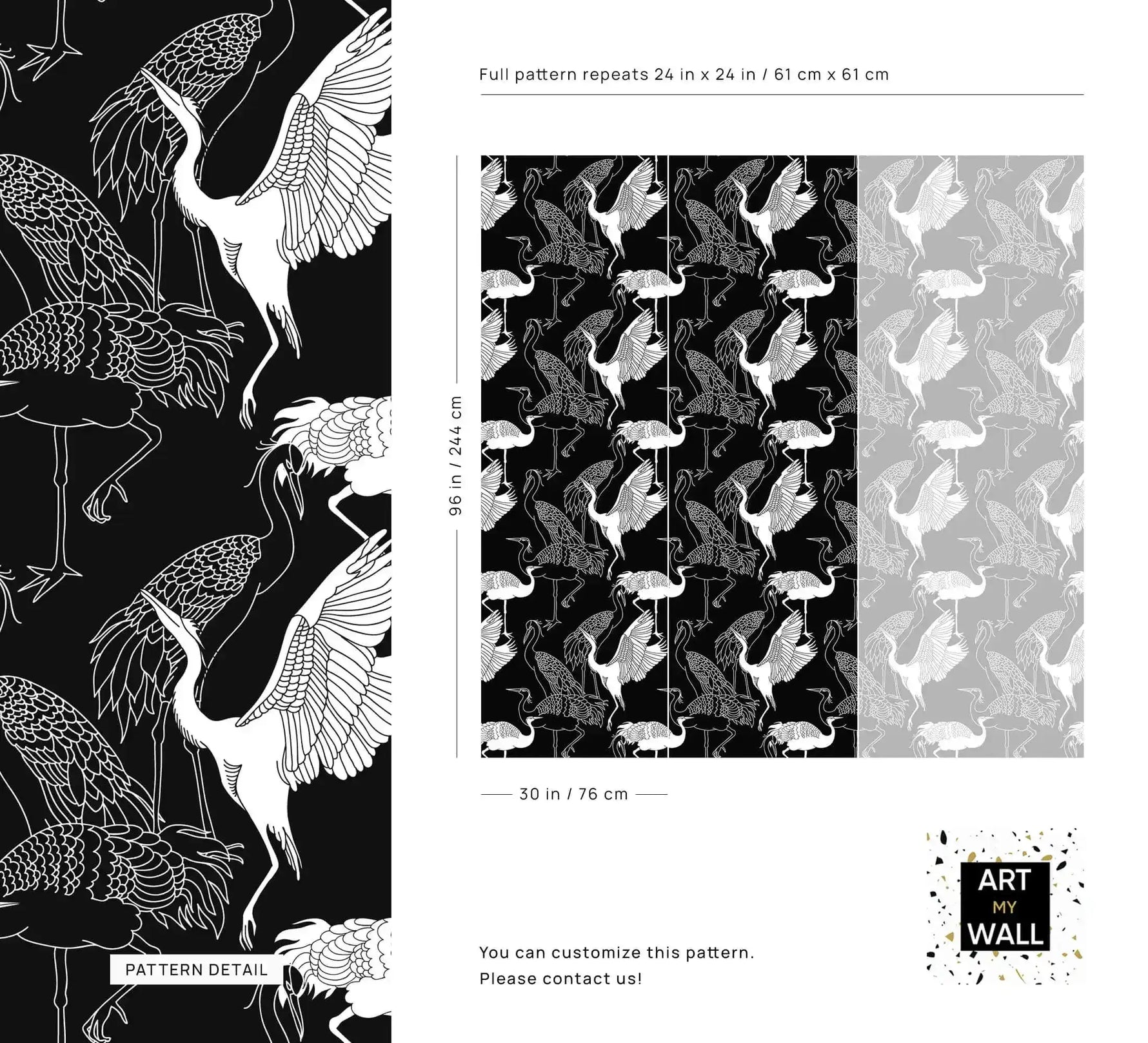 Monochrome crane wallpaper pattern detail and repeat layout with white line-drawn cranes on black and sizing guide