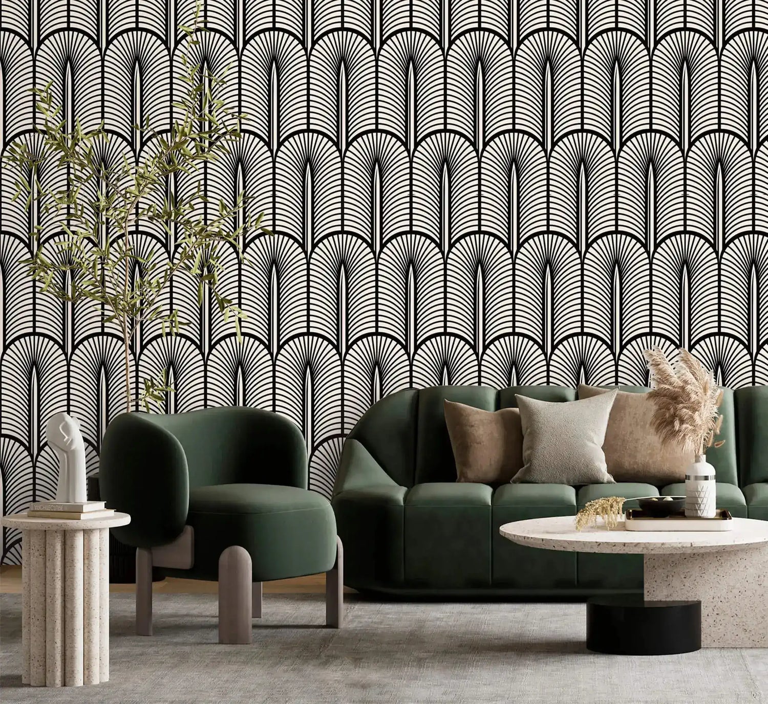 Monochrome Deco Elegance wallpaper of arched fan motifs in black and cream behind a green sofa