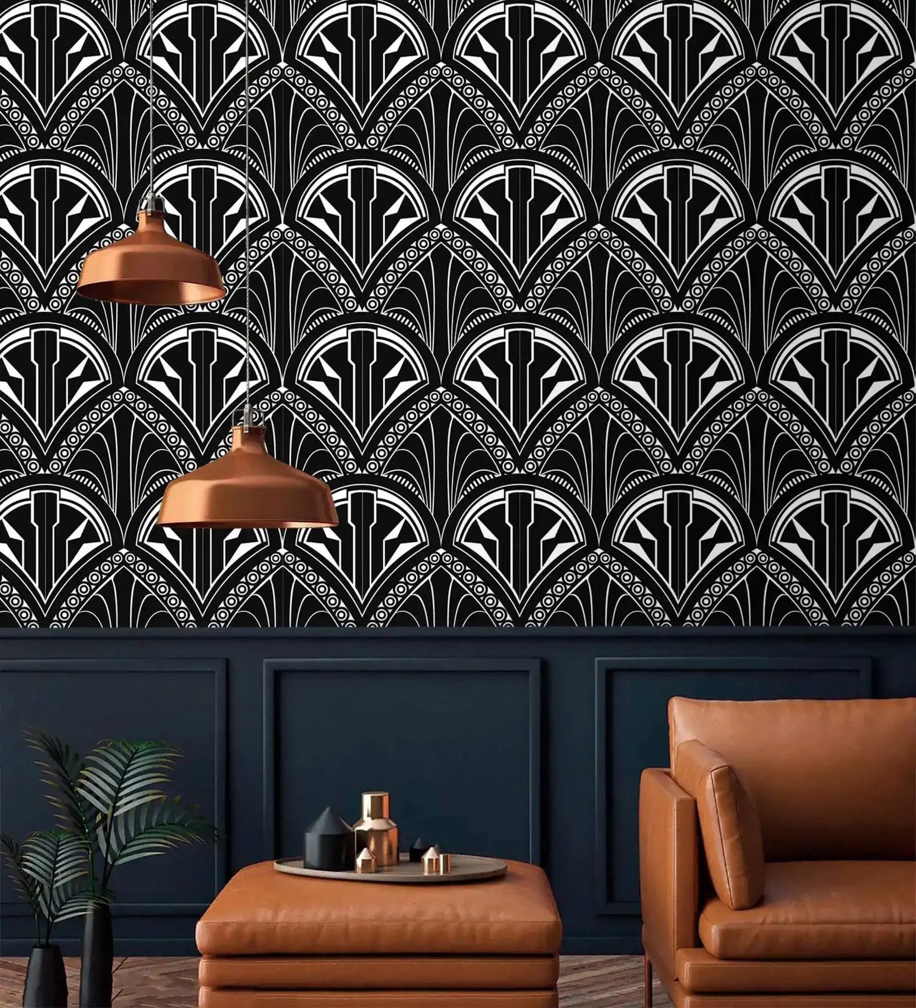Monochrome Deco Floral Wallpaper backdrop with copper pendants and tan leather ottoman