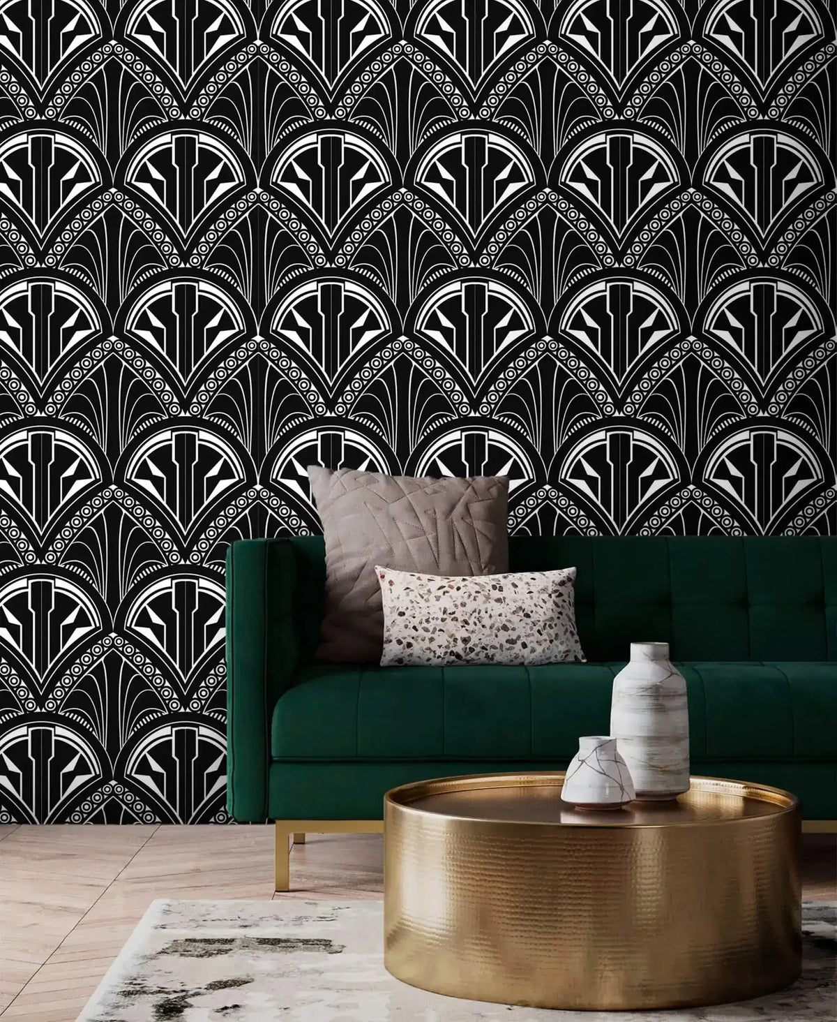 Monochrome Deco Floral Wallpaper of black and white Art Deco fans behind an emerald sofa