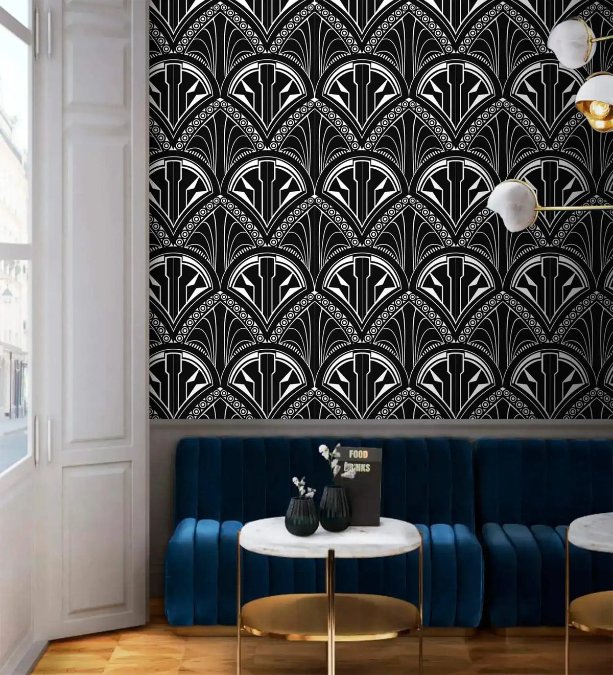 Monochrome Deco Floral Wallpaper of geometric fans above a navy banquette and marble table