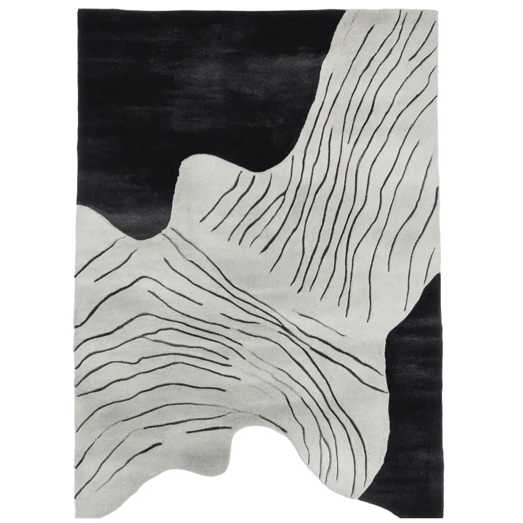 A striking area rug featuring an abstract design with flowing black lines on a monochrome background. This contemporary wool rug is perfect for adding a modern touch to living room spaces, especially in an 8x10 size. Ideal for those seeking stylish area rugs for living room decor.