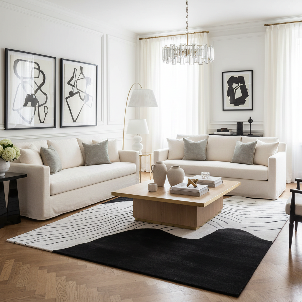 Modern living room with white sofas, a wooden coffee table, a black and white abstract rug, and abstract art on the walls.