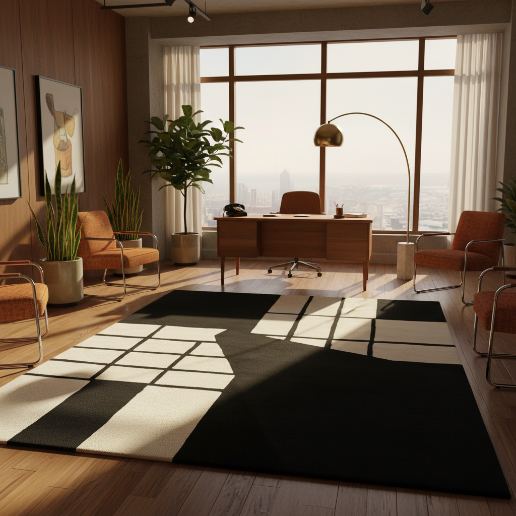 Modern office with a large desk, chairs, black and white rug, and a large window view.