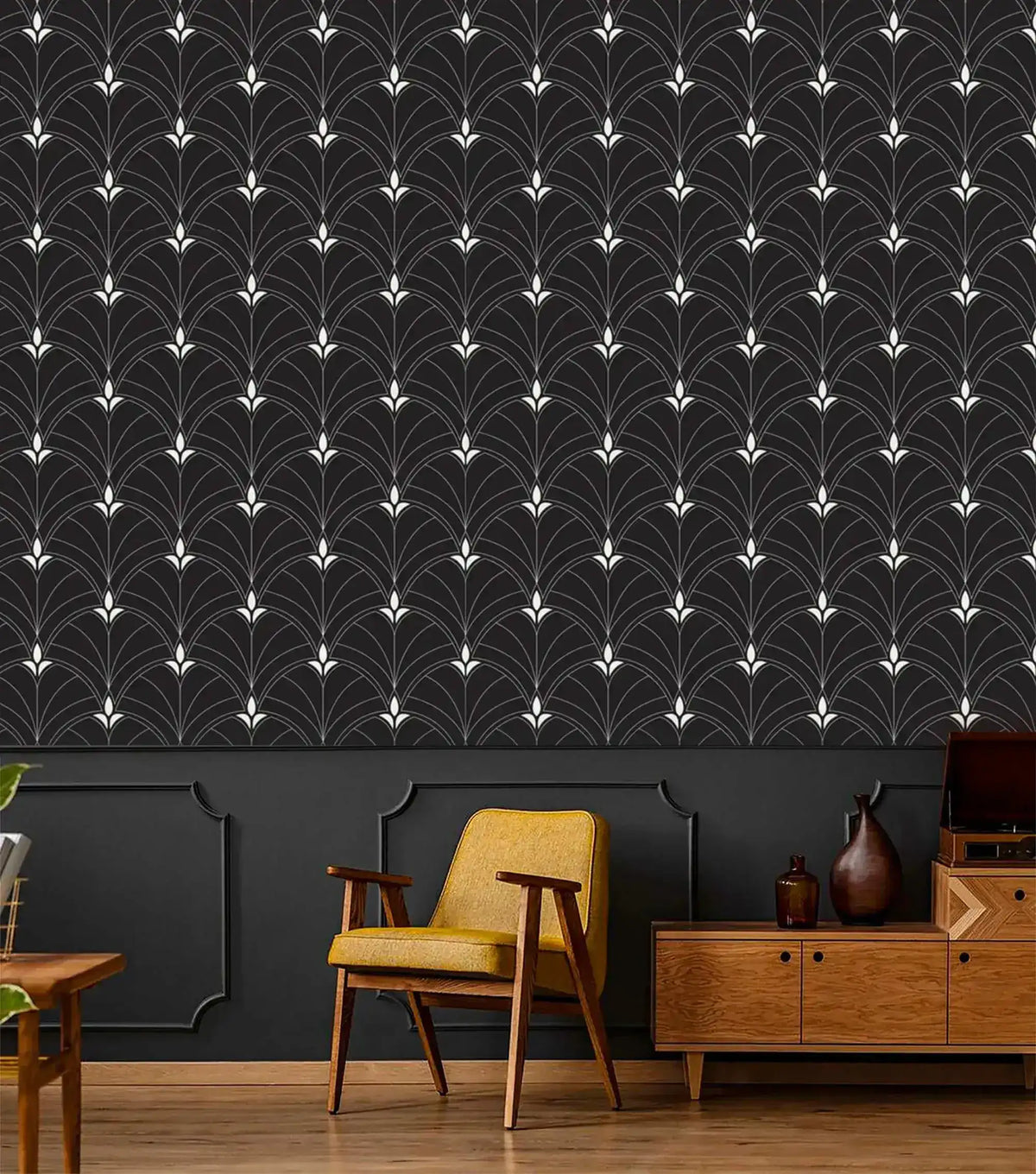 Monochrome Majesty Art Deco arch wallpaper in dark charcoal with white fan arch motifs, installed in a moody mid-century room