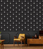 Monochrome Majesty Art Deco arch wallpaper in dark charcoal with white fan arch motifs, installed in a moody mid-century room