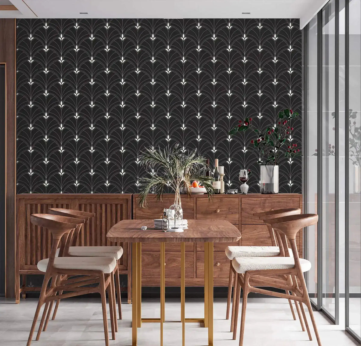 Art Deco arch wallpaper in black with white fan motifs behind a walnut dining set, floor-to-ceiling glass window beside