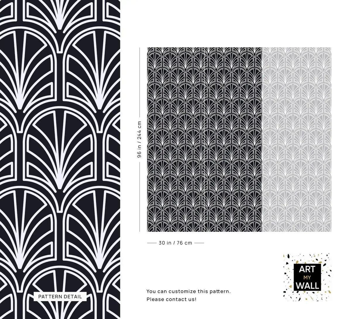 Monochrome vintage geometric wallpaper pattern detail and repeat, white deco palmettes on black