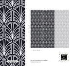 Monochrome vintage geometric wallpaper pattern detail and repeat, white deco palmettes on black