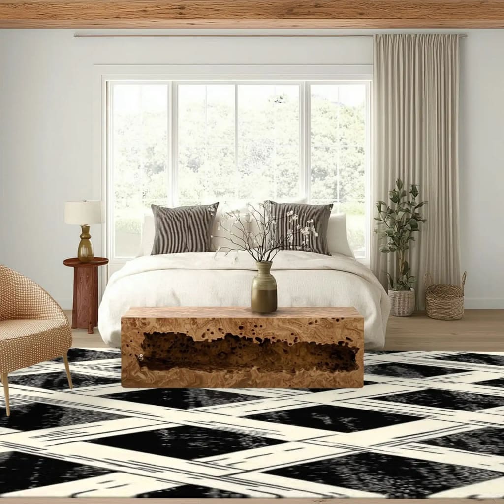 Stylish bedroom featuring a Monochrome Weave Hand Tufted Area Rug with abstract patterns, adding a modern touch to the room. The large area rug complements the neutral tones of the bedroom decor, making it an ideal choice for those seeking rugs for bedroom spaces. This wool rug is perfect for creating a cozy and inviting atmosphere.