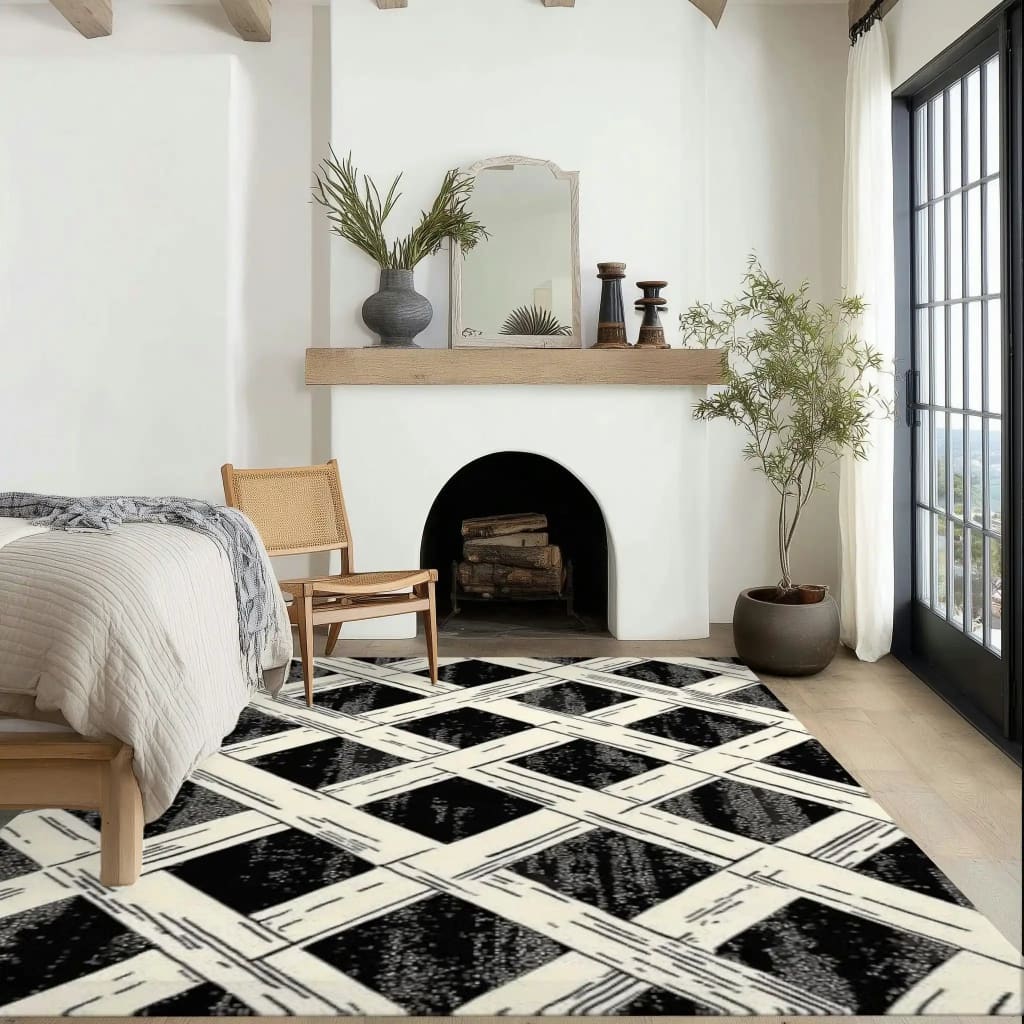 Stylish bedroom featuring a Monochrome Weave Hand Tufted Rug. This large area rug offers a striking black and white geometric pattern, perfect for adding a modern touch to your bedroom decor. Ideal for those seeking high-quality wool rugs that enhance the warmth and style of a bedroom setting.