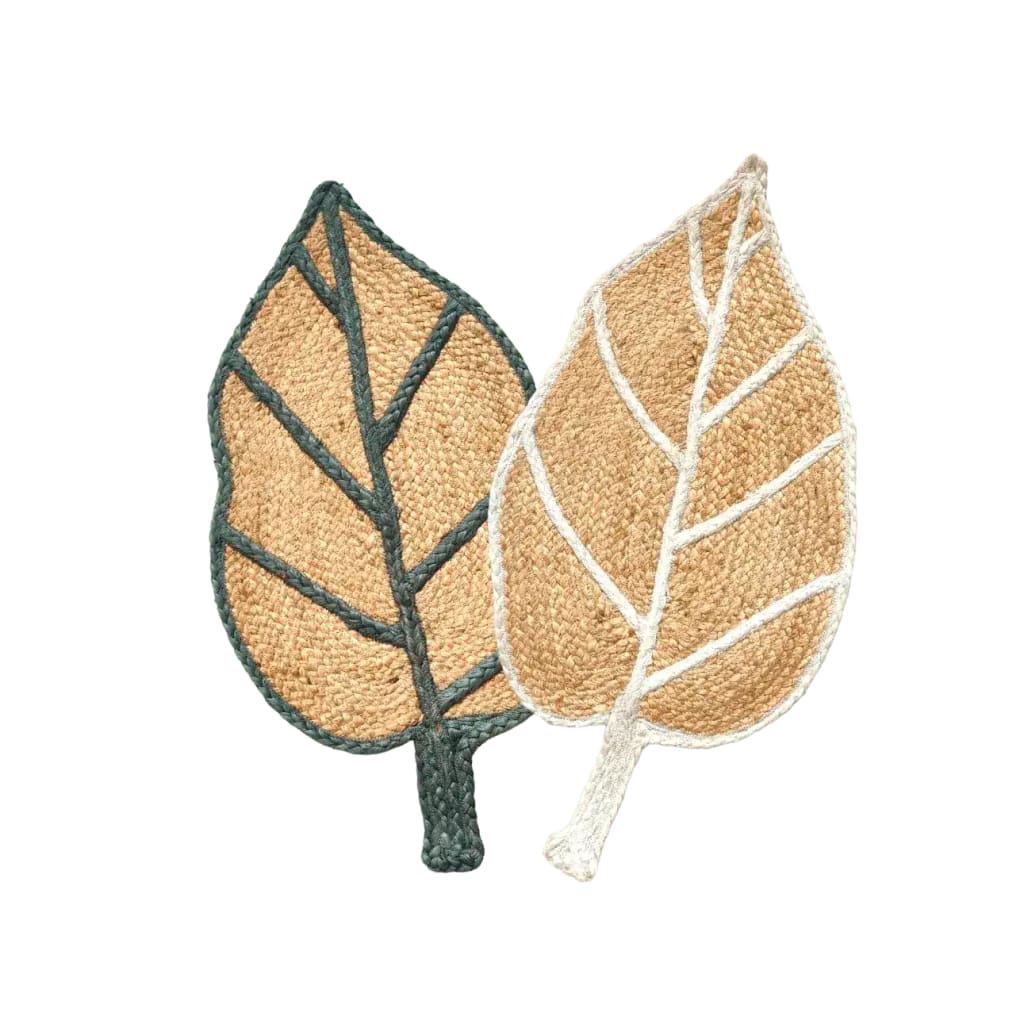 A beautifully crafted Monstera Leaf Shape Jute Rug, perfect for enhancing the aesthetic of your living room or office. This elegant area rug features a natural jute texture, designed in the shape of two overlapping leaves with stylish green and white vein accents, adding a touch of nature-inspired elegance to any space.