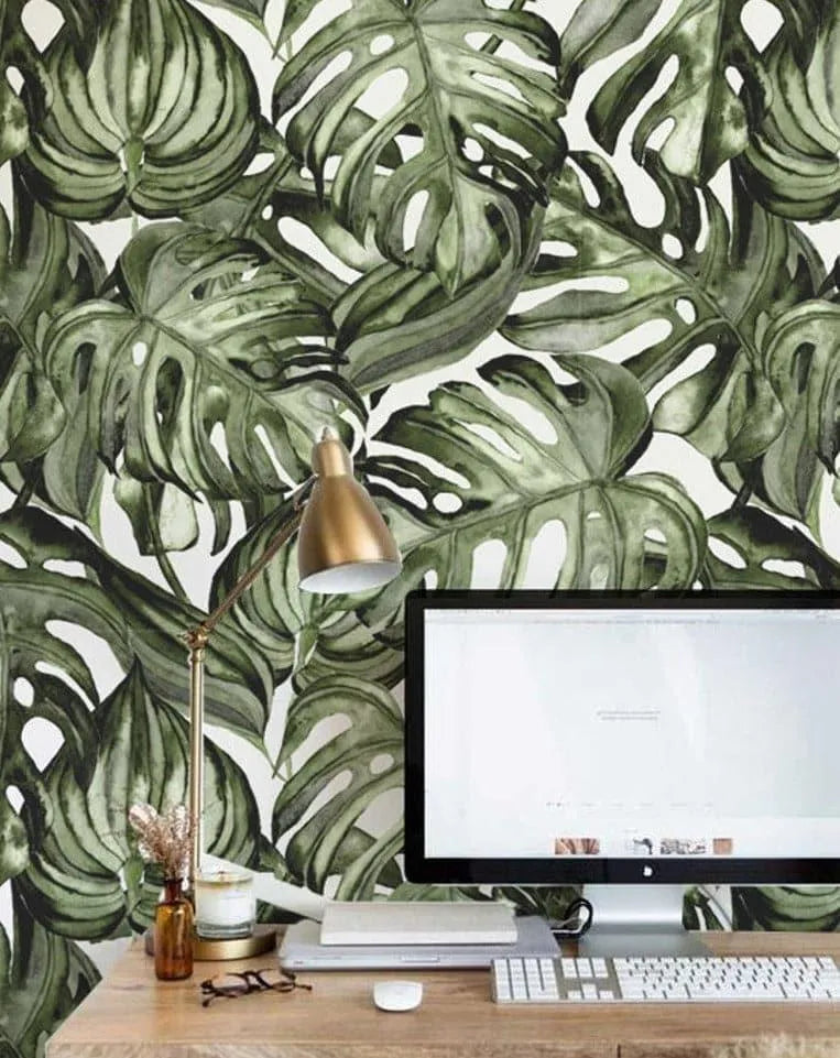 Monstera Leaf Watercolor Green and White Wallpaper